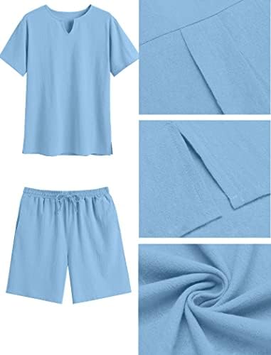 Lexiart muške 2 komada pamučna posteljina set kratki rukav V-izrez majica casual plaža kratke hlače ljetne joge odijelo