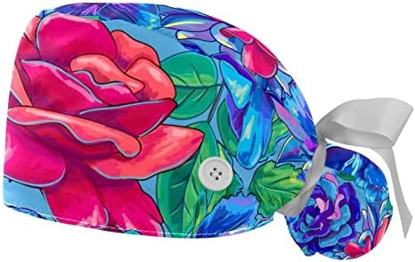 Medicinske kape za žene sa tipkama Duga kosa, 2 komada Podesiva radna kapa, plava i crvena cvjetna