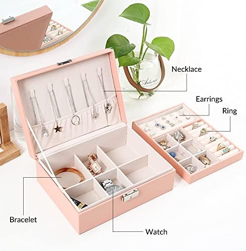 QKtyB kutije za nakit za žene DVOJNI sloj Nakit Organizovanje nakita Naušnice Narukvice Narukvice Prstenje Ogrlice, PU kožni prikaz