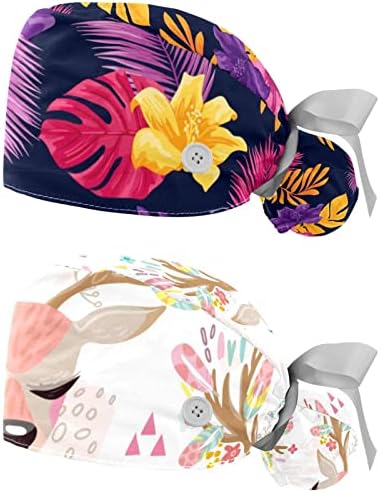 2 pakovanja Radna kapa sa gumbom za žene duga kose podesiva elastična kravata natrag šeširi Bouffant CAPS elegantni cvjetni