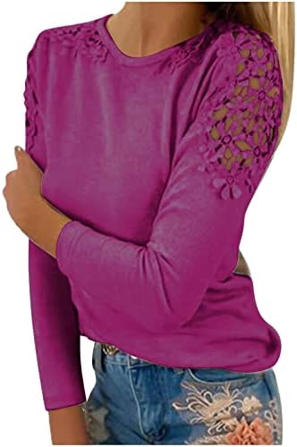 Žene izdubljene majice od pune boje okruglih vrata dugih rukava mamine majice čipke casual pulover Slim Fit bluza
