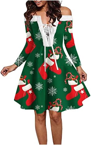 Božićne ženske Mini ljuljačke haljine 1950-ih Vintage Čajna haljina seksi pertle up plišani ovratnik haljine za zabave bez ramena