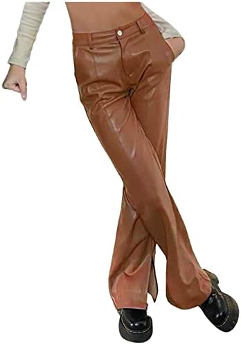 Ženske kožne hlače od umjetne kože Vintage Boide Split visoki struk ravne širine noga sa džepovima Slim Fit pantalone
