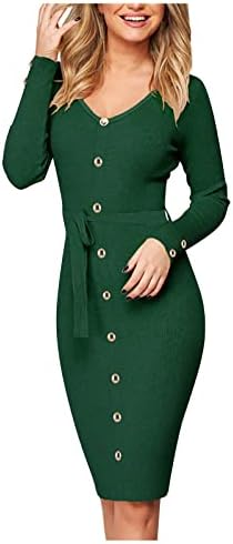 NOKMOPO Formalne haljine za žene Ženska puna boja okrugla vrata A-line dugih rukava midi haljina pletene mini haljine