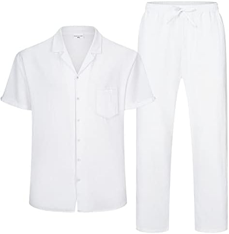 Rpovig lanena košulja pantalone Outfits: muški laneni Setovi 2 komada kratke rukave košulje pantalone za jogu plaže svadbena odijela