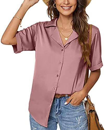 Ženski kratki rukav satenski vrhovi udobnosti glatkog gumba otvorenog reverske košulje Standardno-fit Business casual bluza Office