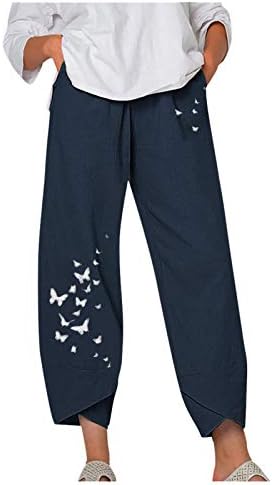 Pamučne lanene pantalone za žene Ležerne letnje kapri pantalone sa džepovima visokog struka udobne pantalone na plaži cvetne harem