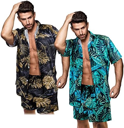 2 Set muški havajski Setovi Casual Button Down 4 komada odijela Tropski uzorak štampana ljetna košulja za odmor